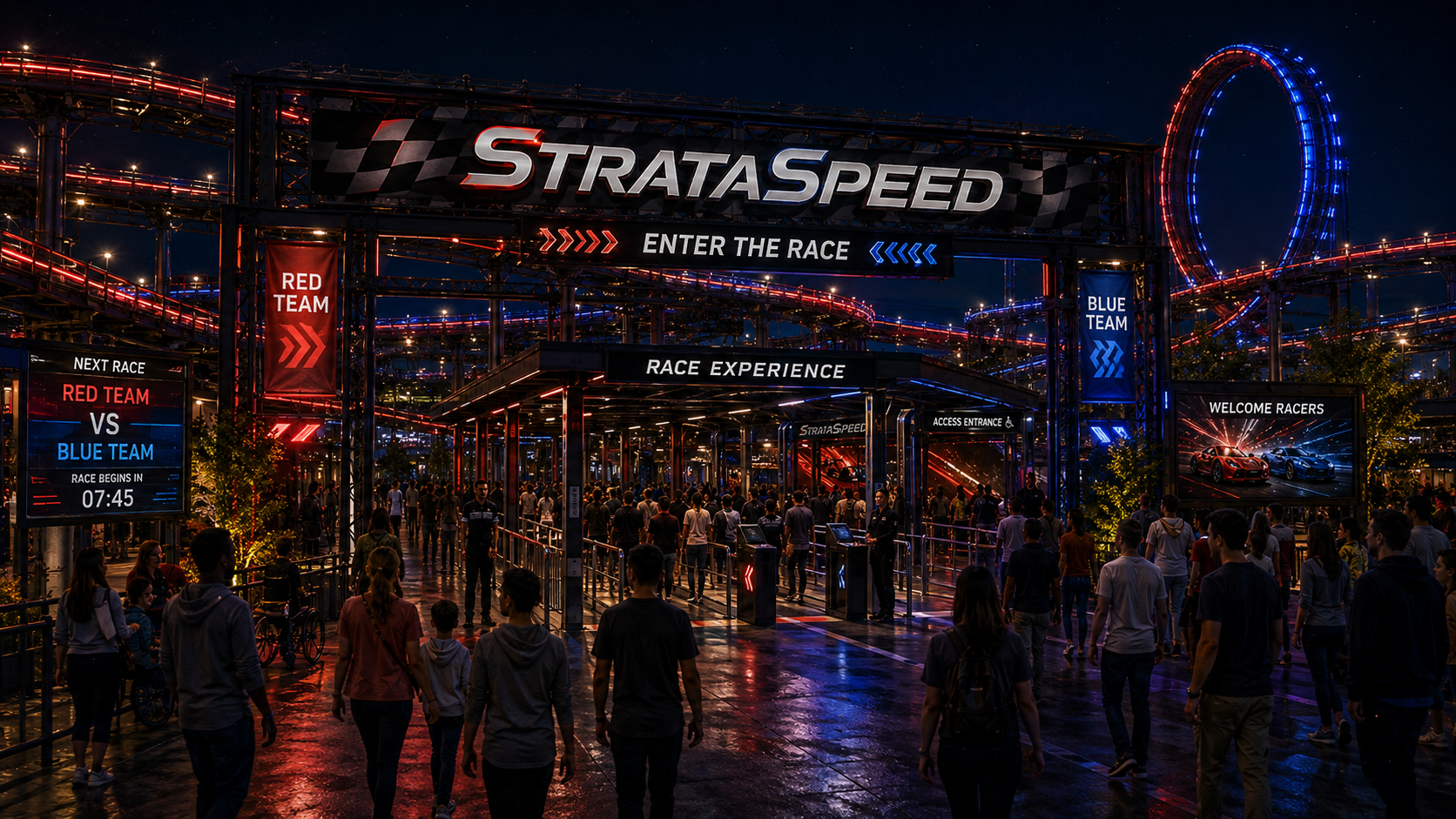 Guests arriving at the StrataSpeed entrance and queue