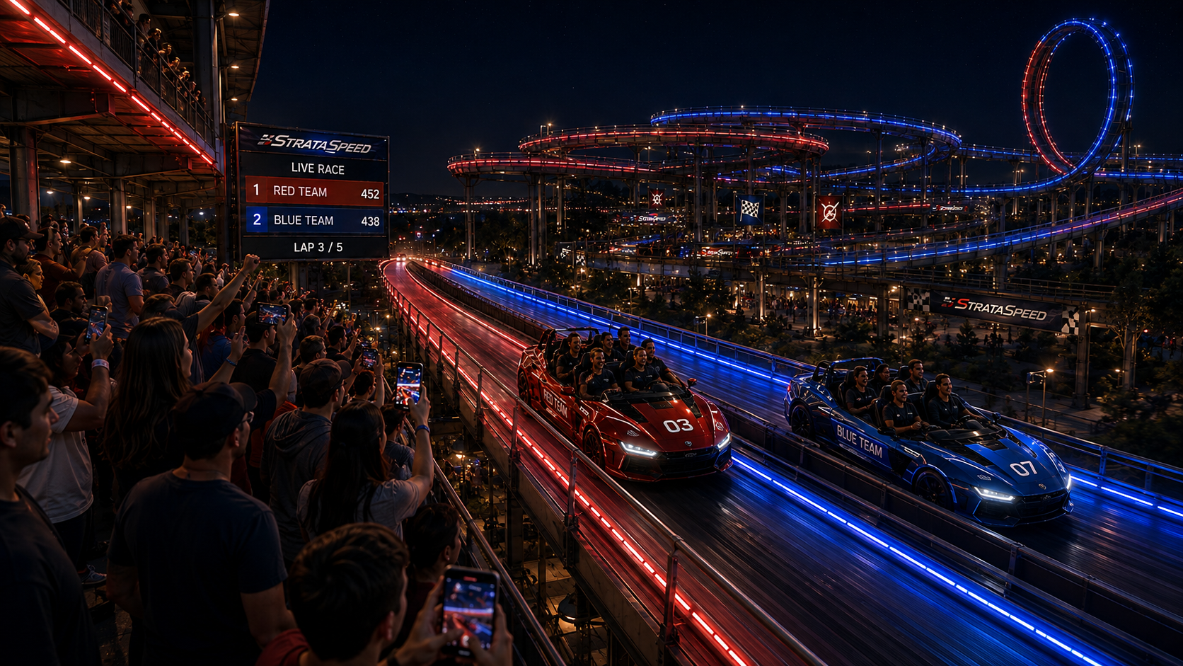 Spectators watching Red and Blue StrataSpeed vehicles race past