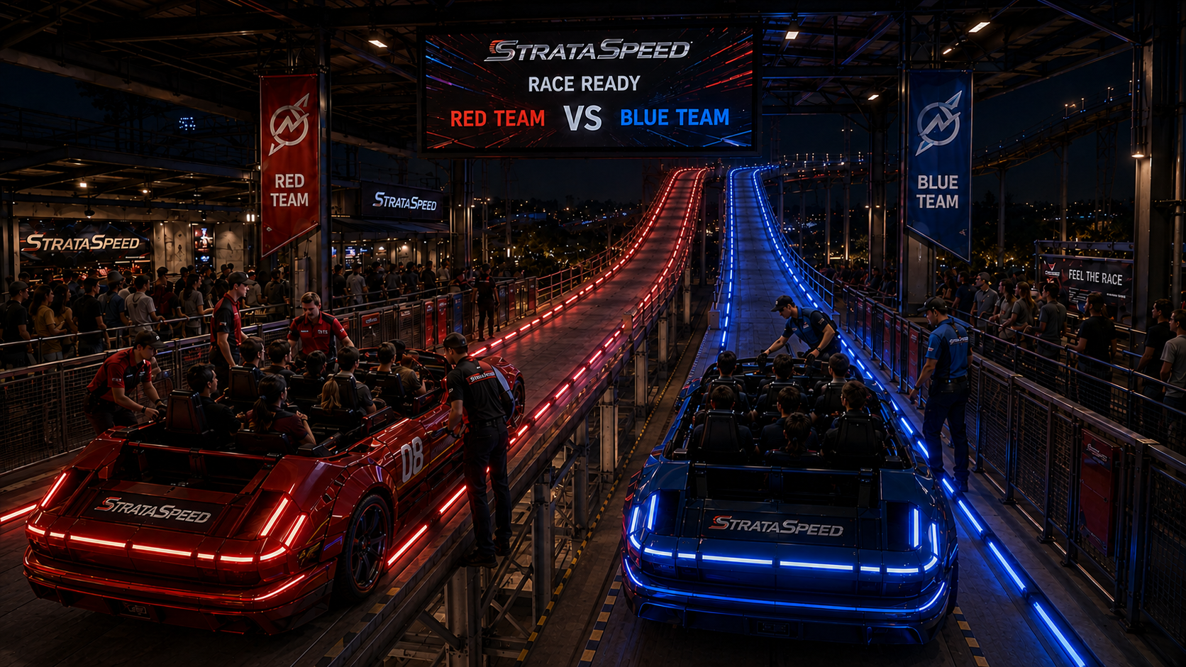 Red and Blue StrataSpeed vehicles loading side-by-side in the station