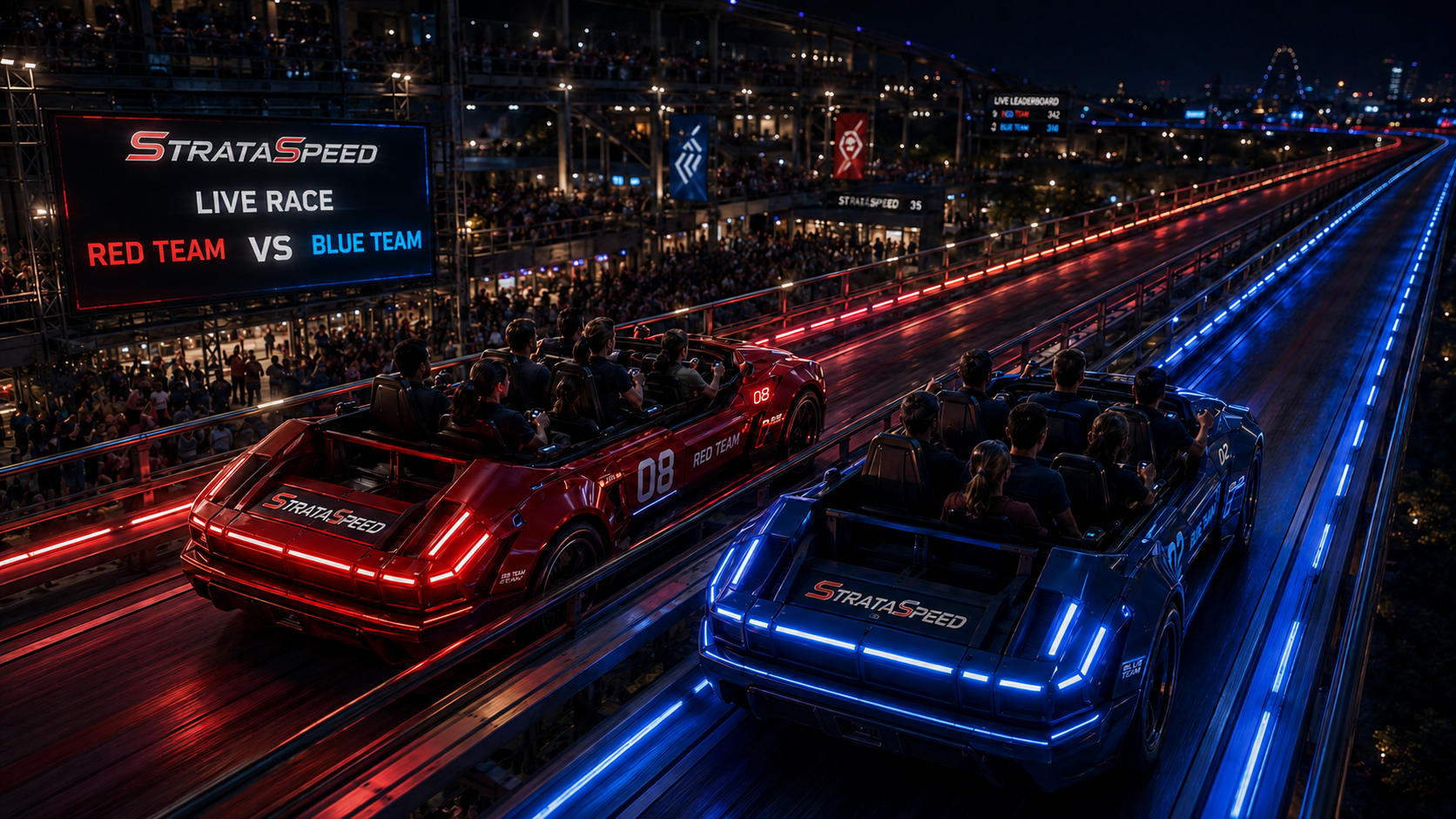 Red and Blue six-passenger StrataSpeed vehicles racing side-by-side